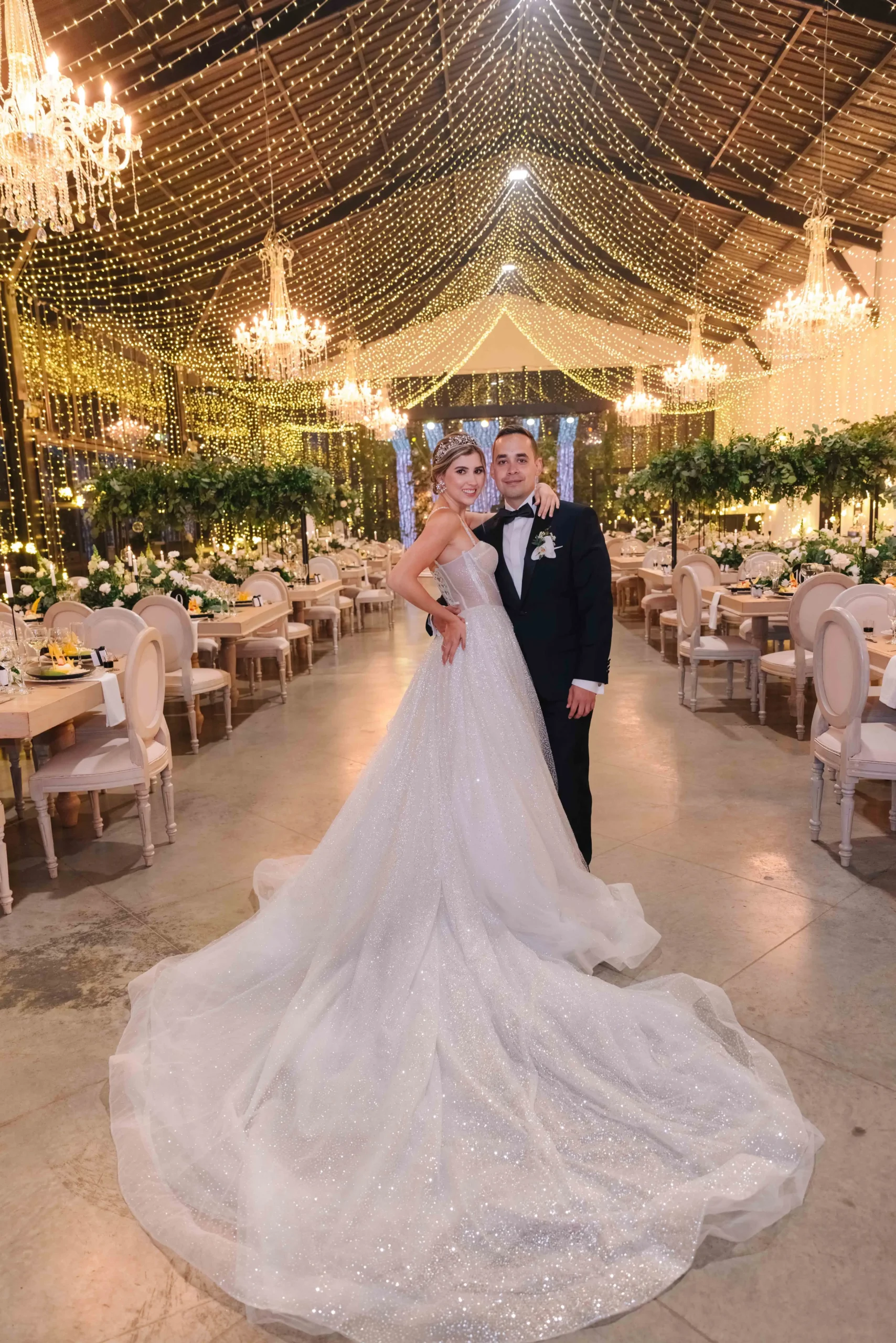 Camila & Luis romantic portrait in reception hall for wedding in Rionegro